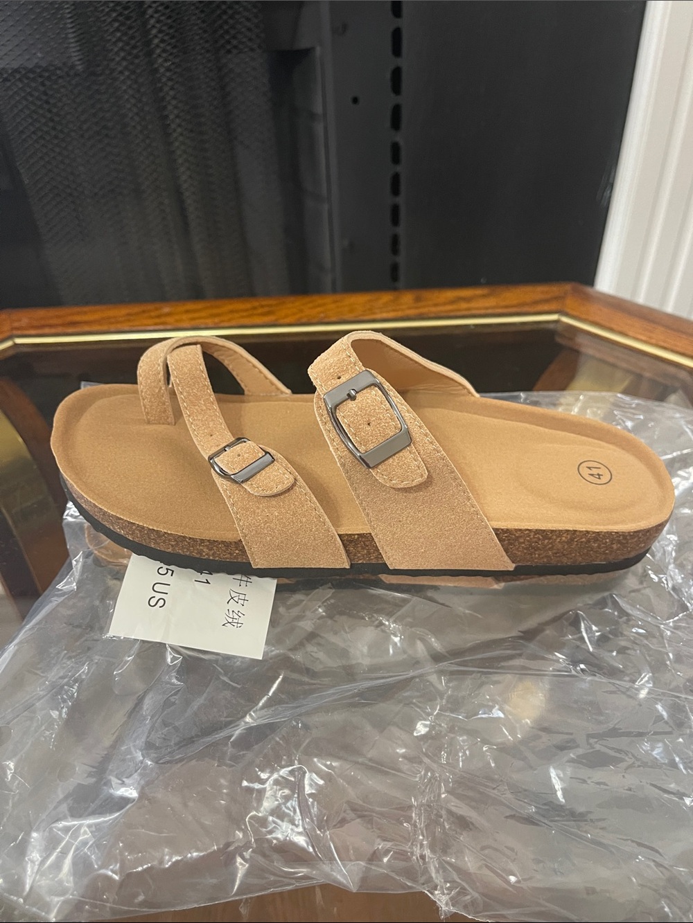 Suede Double Strap Cork Footbed Sandal - Tan